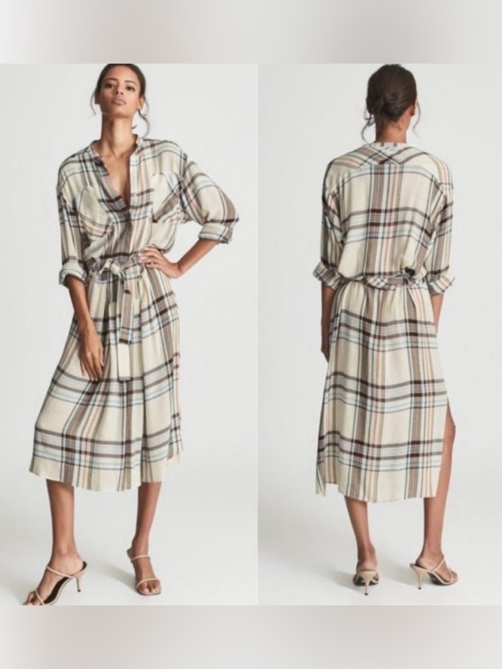Reiss Lynn Dress Checked Plaid Long Sleeve Relaxed Shirt Belted Midi Sz 10